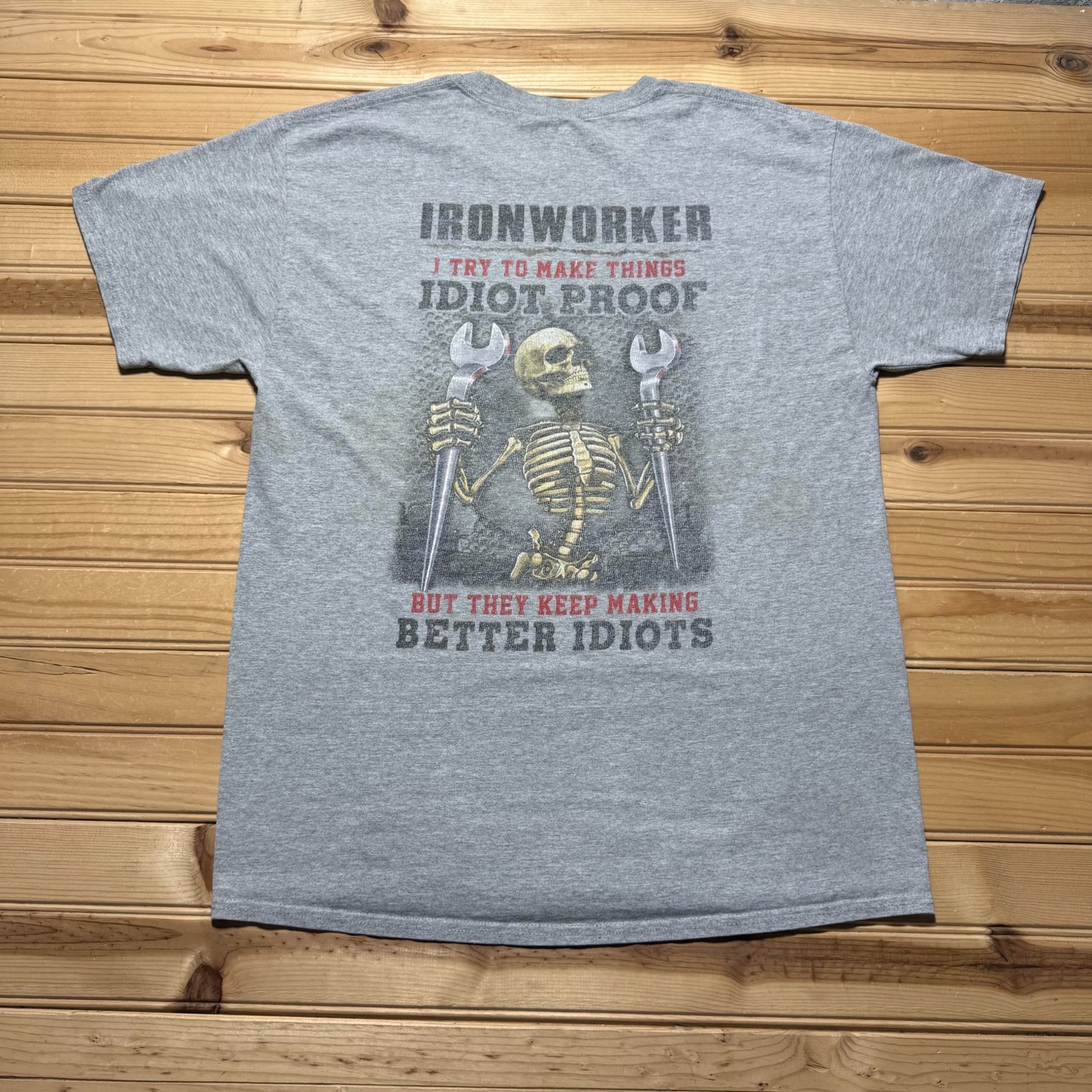 Vintage 90s Y2K Hanes Ironworker Idiot Proof Better Idiots Skeleton Shirt Large gallery