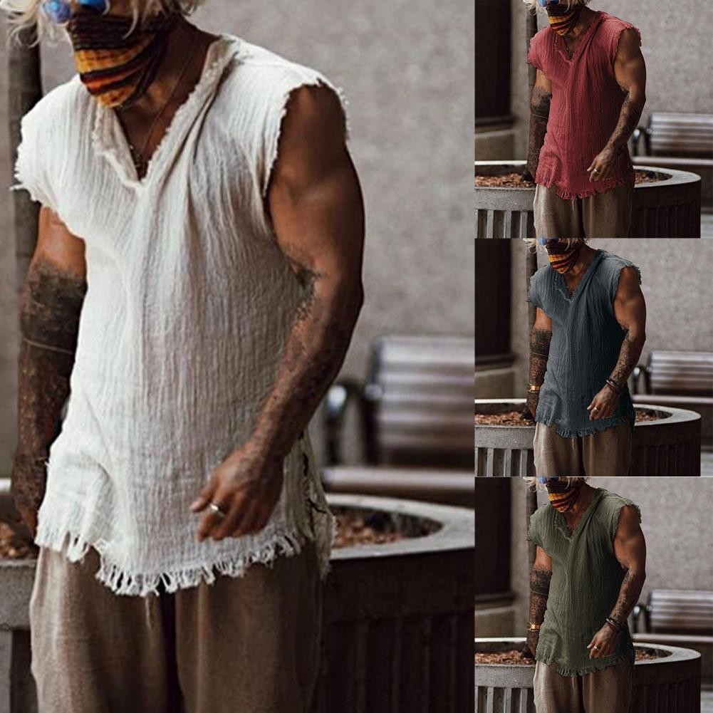 Men Vest Solid Color Casual Leisure Individual Old Style Loose Type Ripped Edge gallery