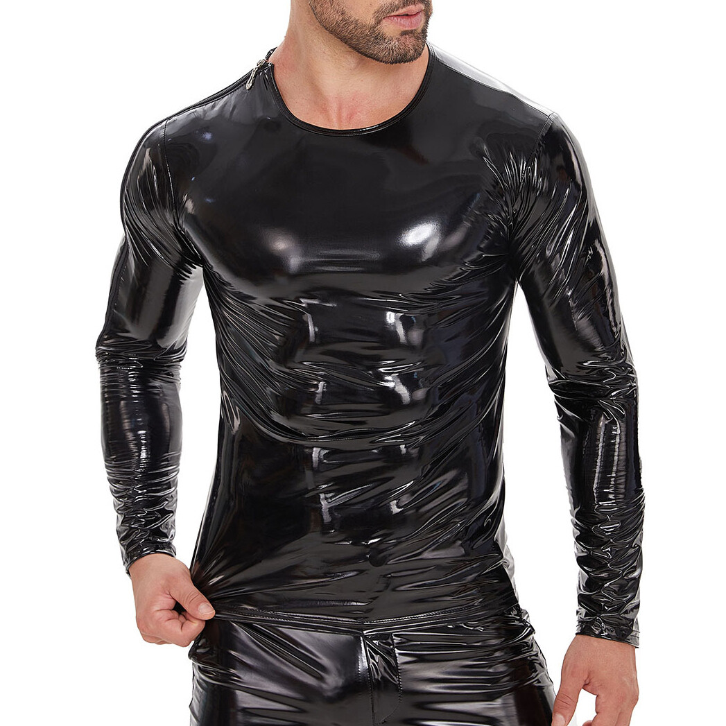 Mens Glossy PVC Leather T-Shirts Long Sleeve Shiny Wetlook Latex Tops Slim Tees gallery