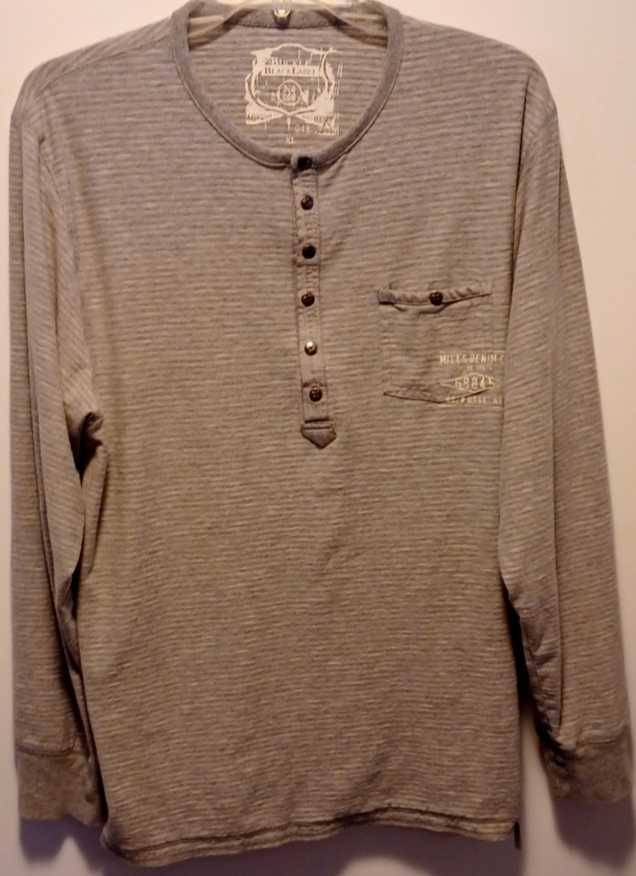 Buckle Black Label Henley Size XL Gray striped studded button pocket long sleeve gallery