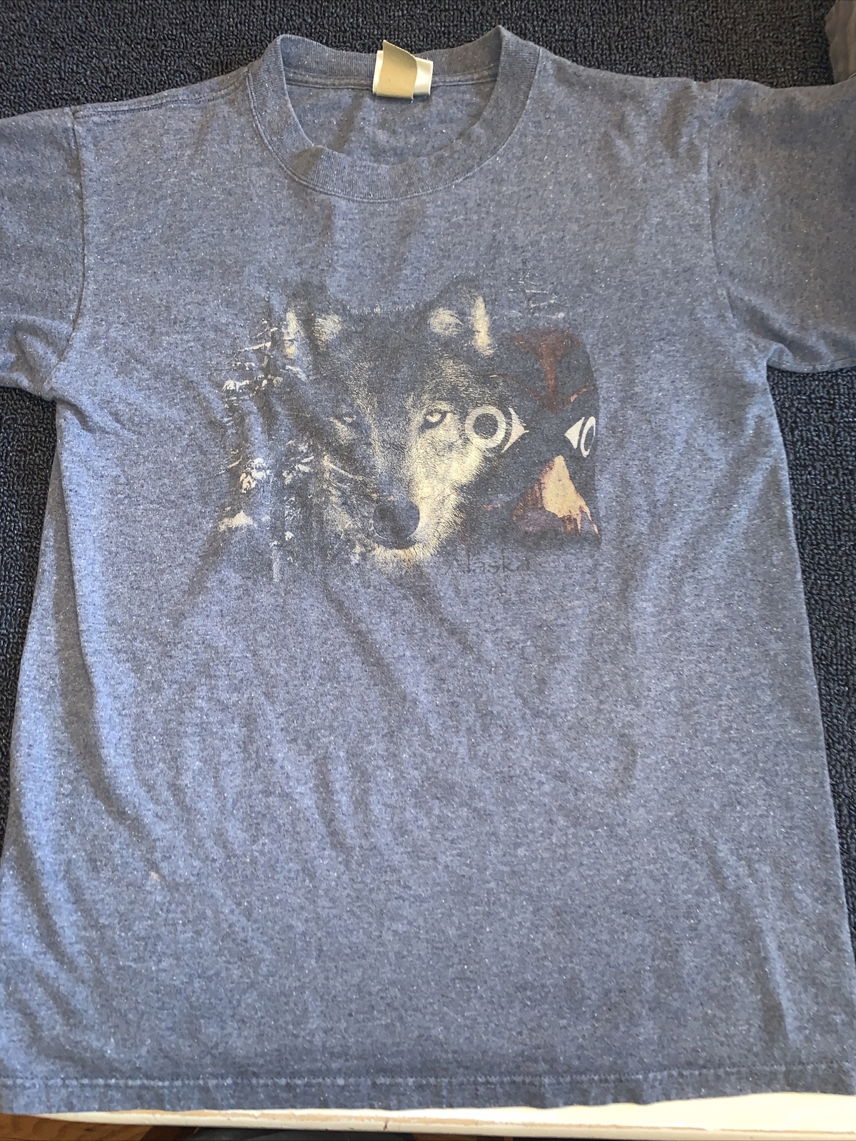 Vintage ’90s Wolf T-shirt Yellowstone Eco Mountain Blue Crewneck Large 006