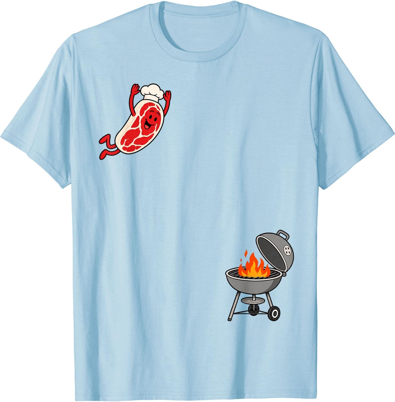Funny Chef Steak Jumping Into BBQ Grill Cartoon T-Shirt gallery