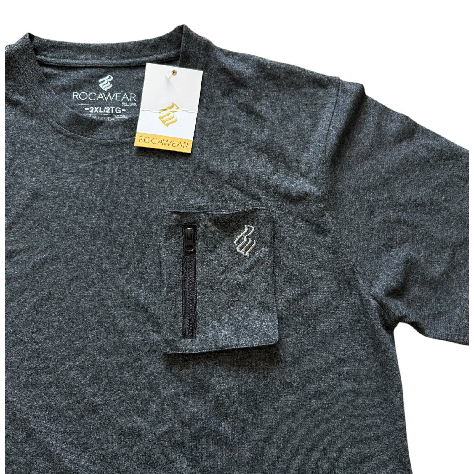 NEW Rocawear Mens 2XL Gray Pocket Tee T Shirt Zip Chest Logo Casual Streetwear gallery