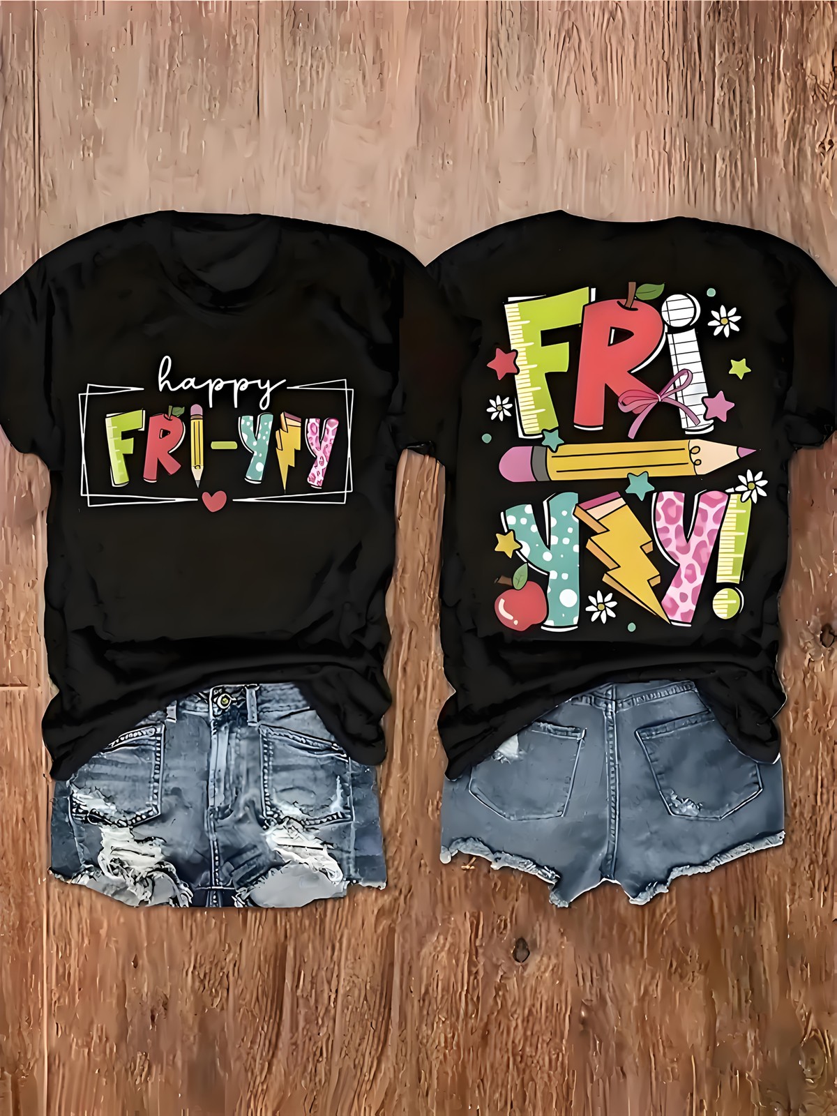 Happy Fri-Yay Teacher T-Shirt | Colorful School Supplies Graphic Tee gallery