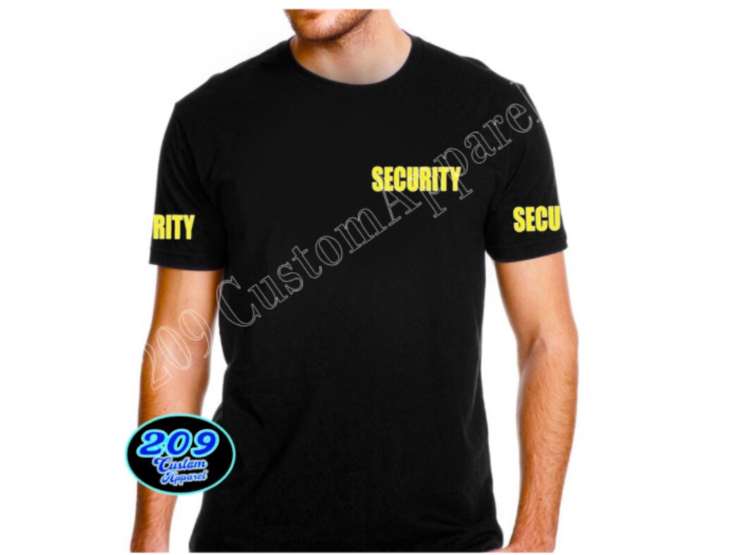 Security T-Shirt Black Tee Staff Club Event Uniform YELLOW Text Chest/Back/Arms