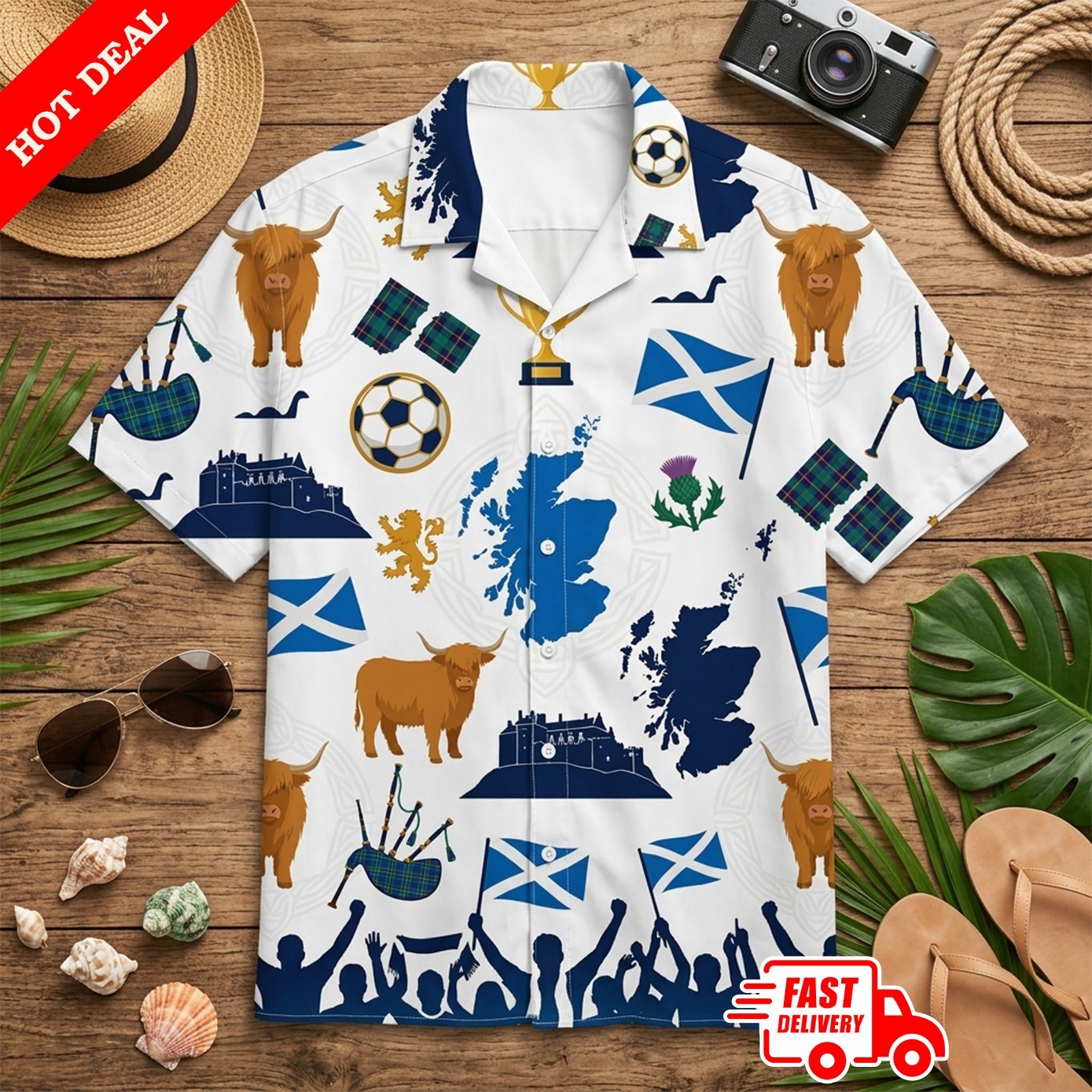 Scotland Scottish Highland Cow Men Hawaiian Shirt Bagpipes Flag Aloha Summer Top