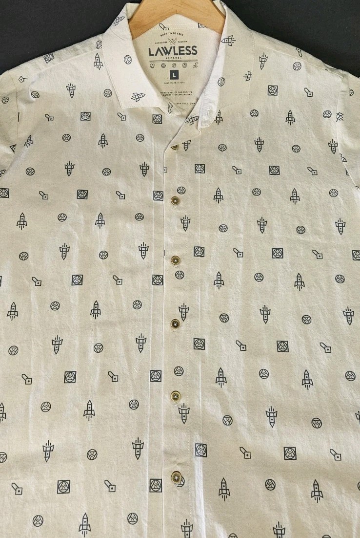 Lawless Apparel Raw Cotton Space Invaders AOP Handmade In Peru Mens S/S Sz L gallery