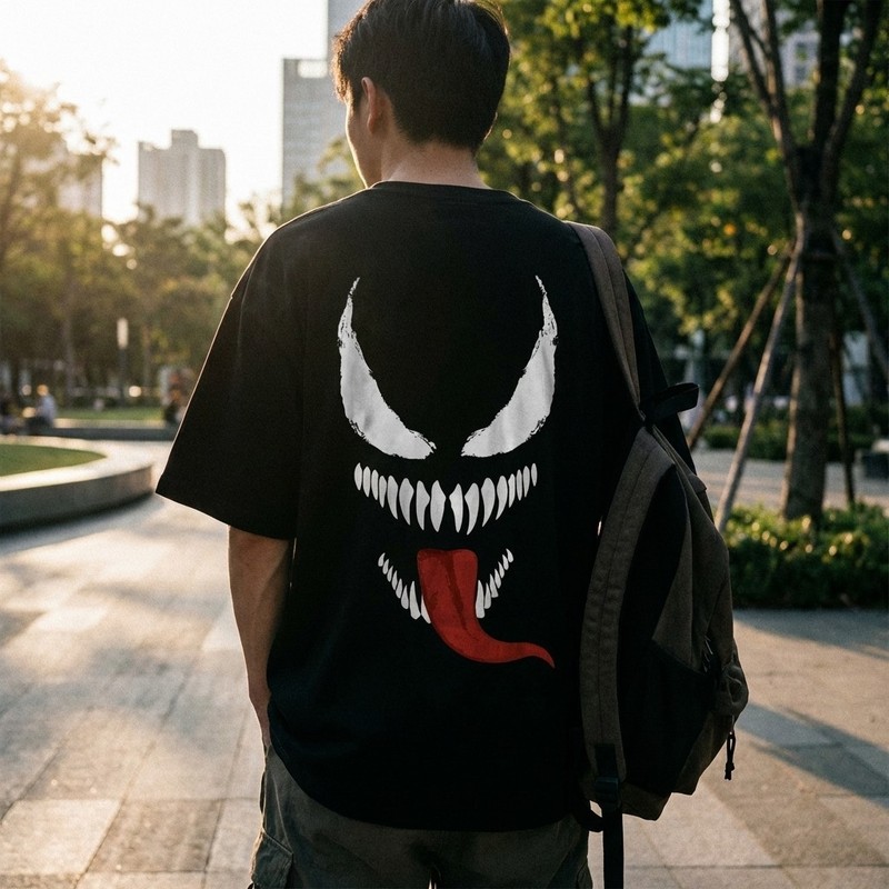 Oversized Black Graphic Tee Red Spider Print Streetwear Unisex Drop Shoulder gallery