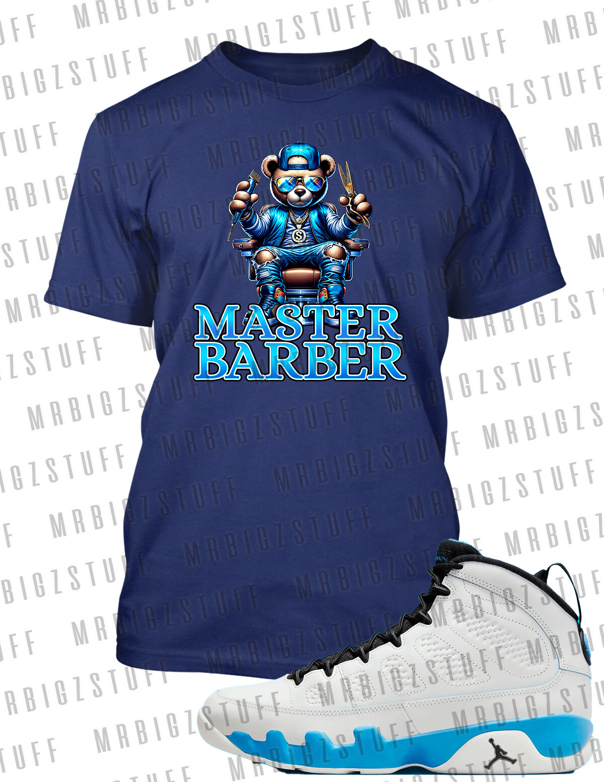 Master Barber Bear Graphic Pro Club Shaka Tee to Match J9 Powder Blue Shoe