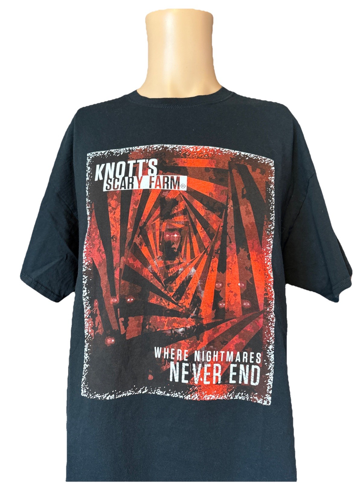 Knott’s Scary Farm Where Nightmares Never End Graphic Tshirt Adult XL Black