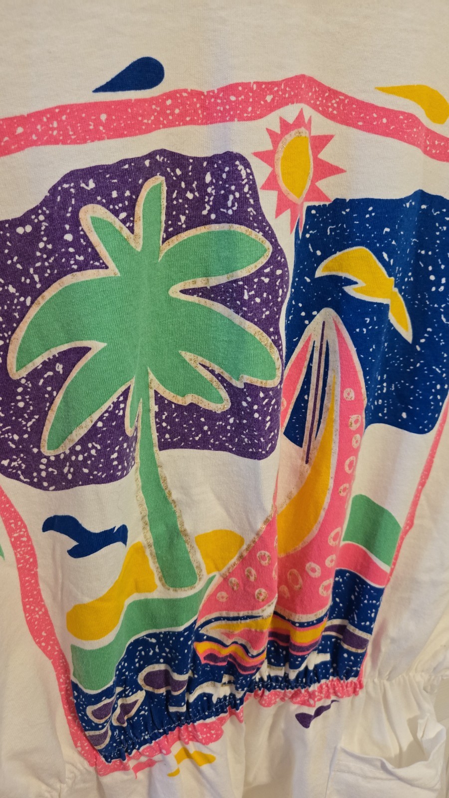 90s Beach Graphic Cinched Waist Tee Sailboat Palm Tree Pockets USA Vintage gallery