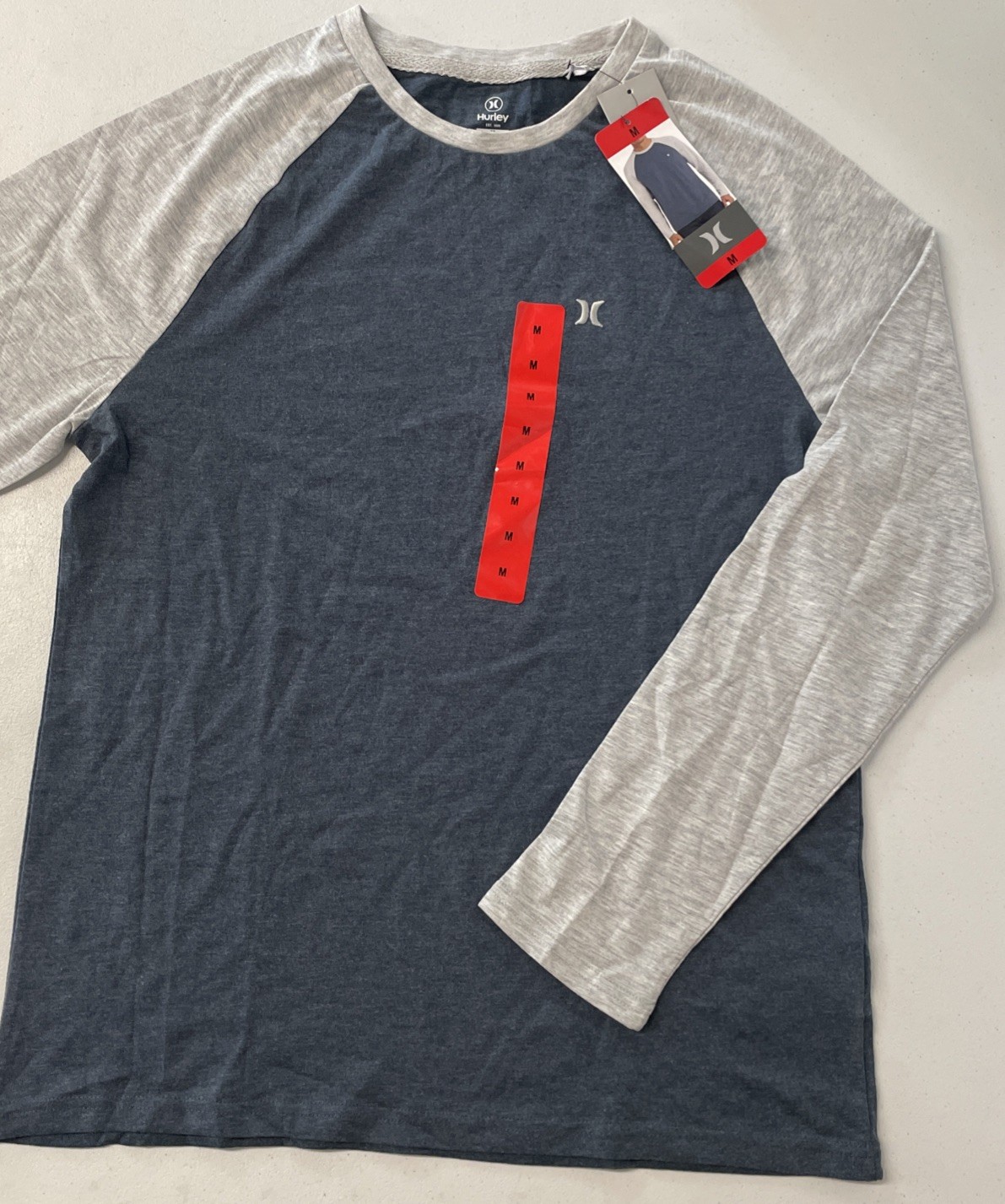 HURLEY Men's Raglan Tee Shirt Colorblock Long Sleeve Pullover BLUE/GRAY MEDIUM gallery