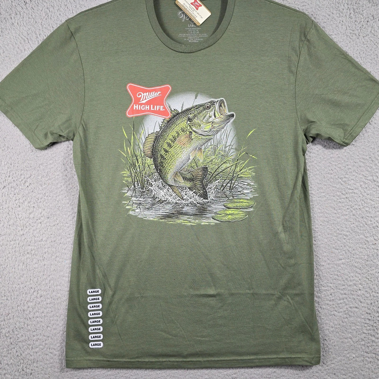 MILLER HIGH LIFE Beer Shirt Men Large Green Fishing Hunting Casual Fish Bass NWT gallery