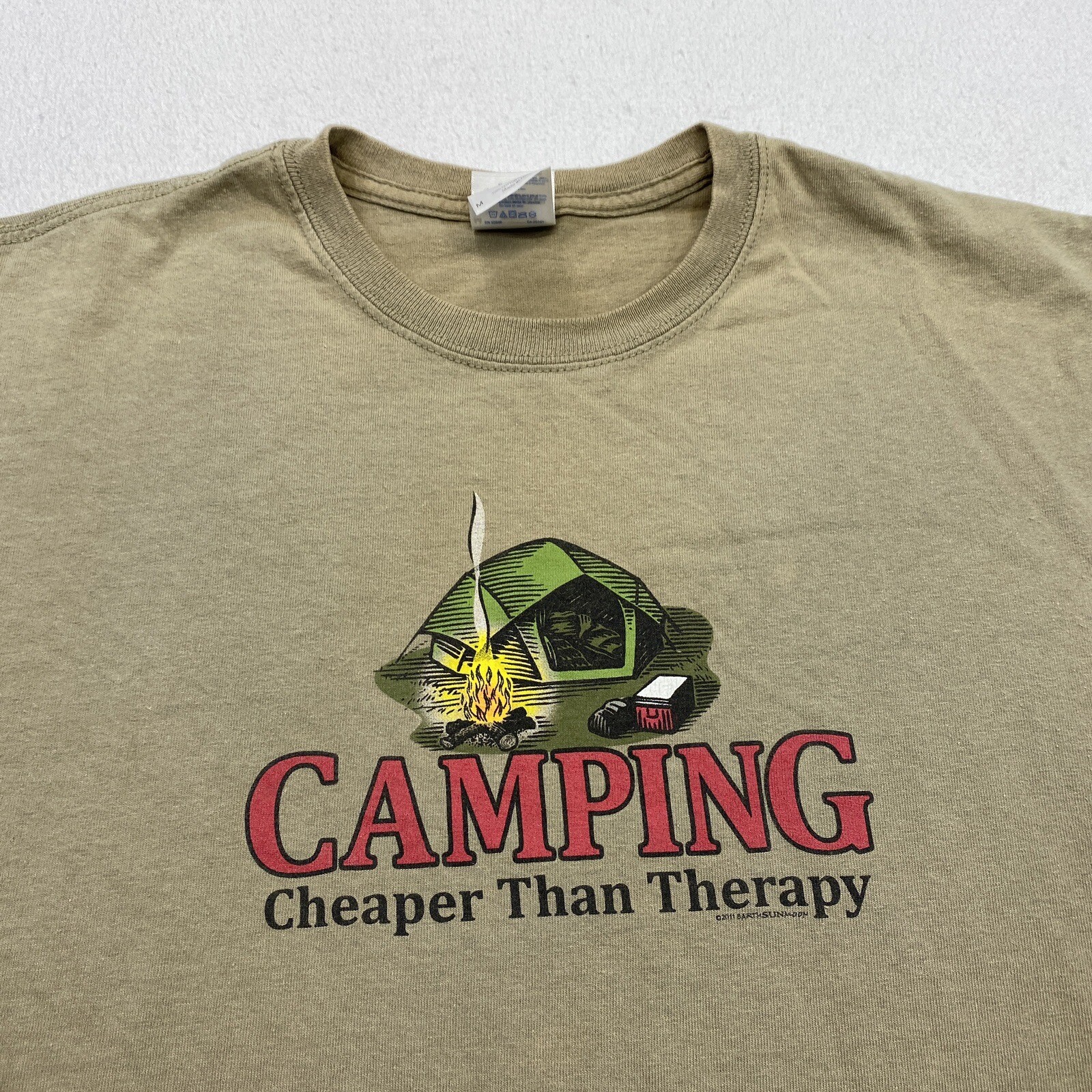 Camping Cheaper Than Therapy T Shirt Adult Medium Beige Worn Faded Short Sleeve gallery