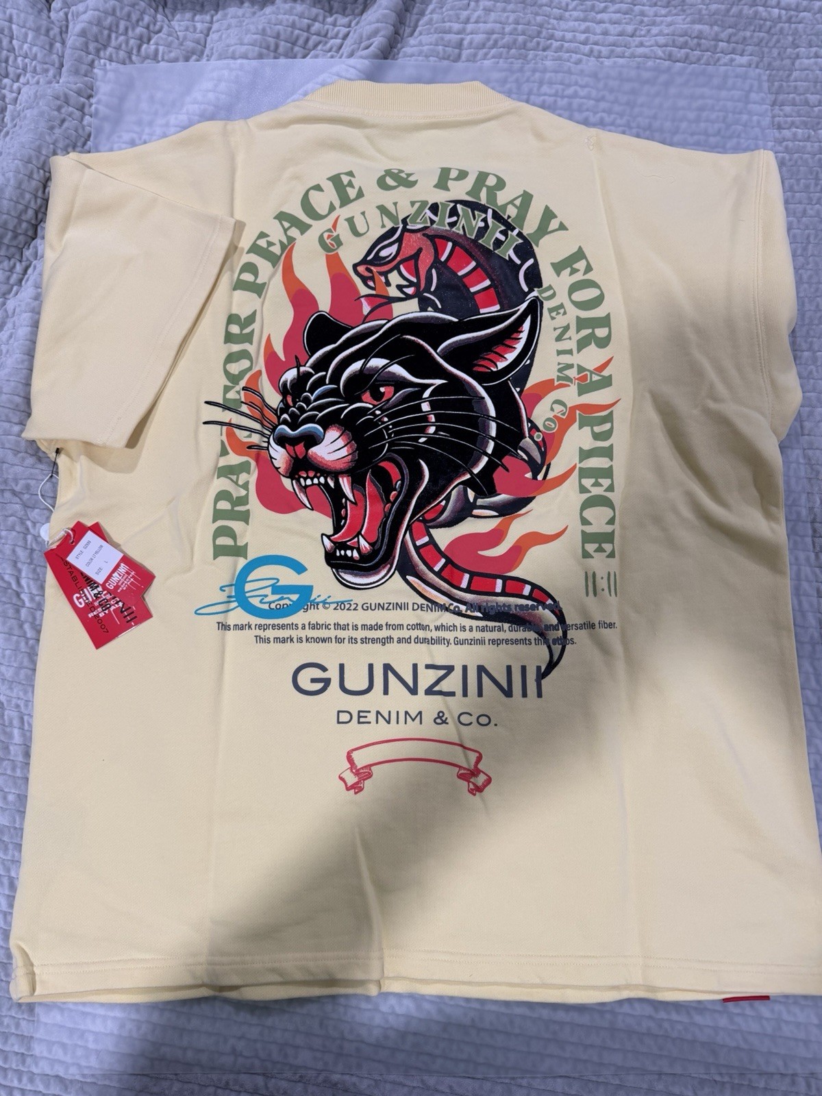 GUNZINII Denim & Co. Men's Beige Graphic Print Logo Crew Neck T-Shirt Size L gallery