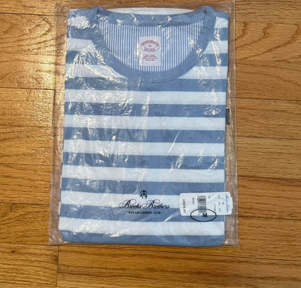 Brooks Brothers Men’s Blue/White Striped Crew Neck Knit Linen/Cotton Tee M