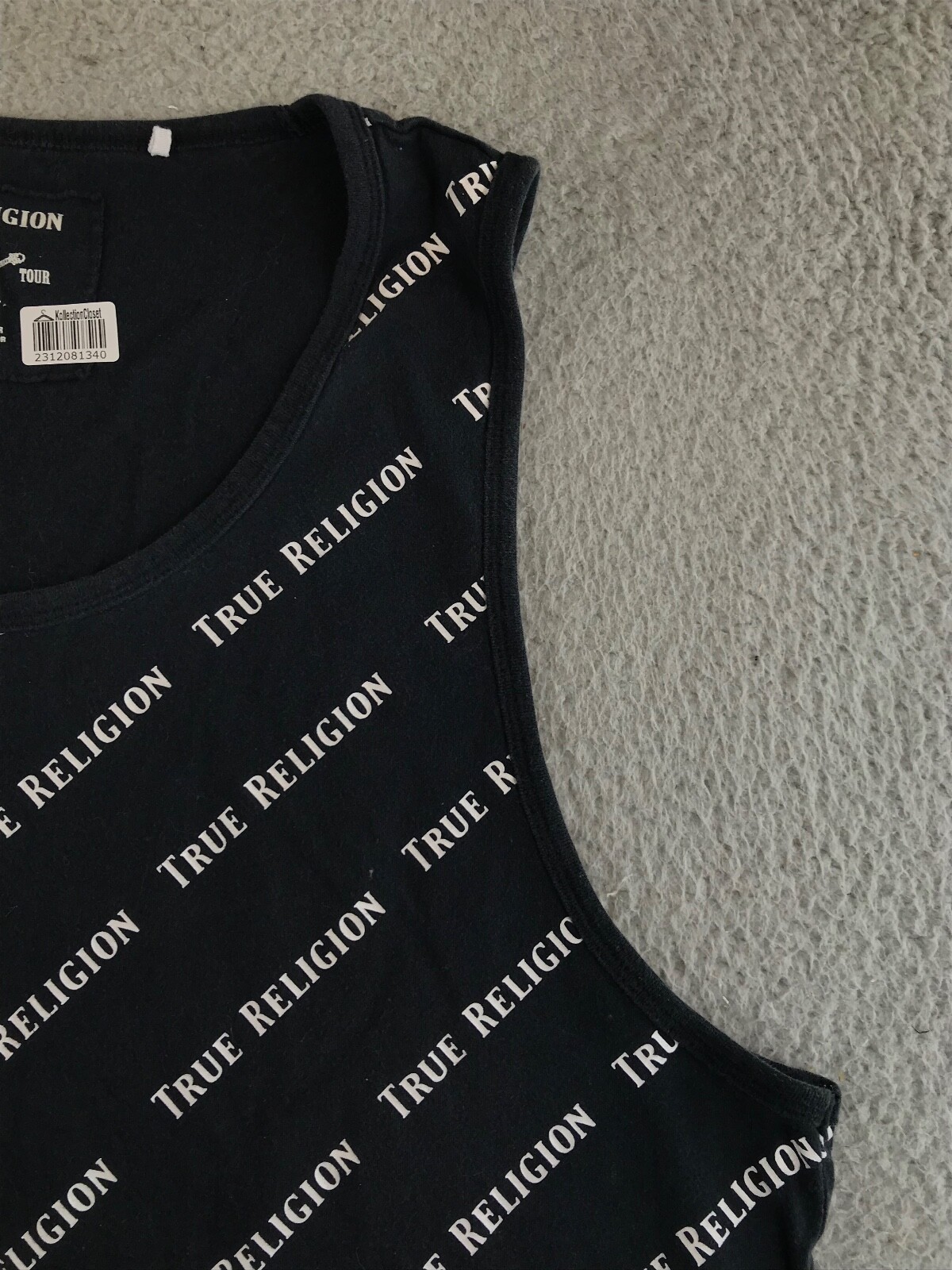 True Religion Shirt Women's XL Black Sleeveless Round Neck All Over Logo Print gallery