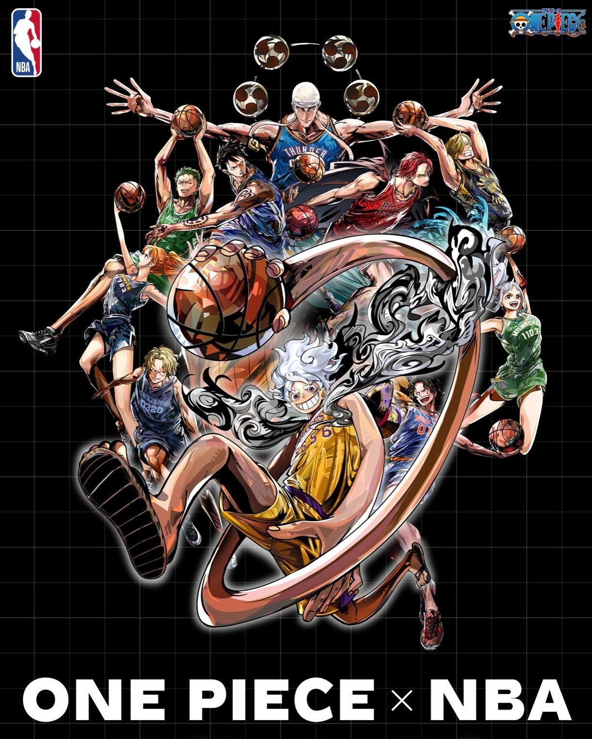 ONE PIECE × NBA T-Shirts Luffy x Los Angeles Lakers BLACK、White gallery