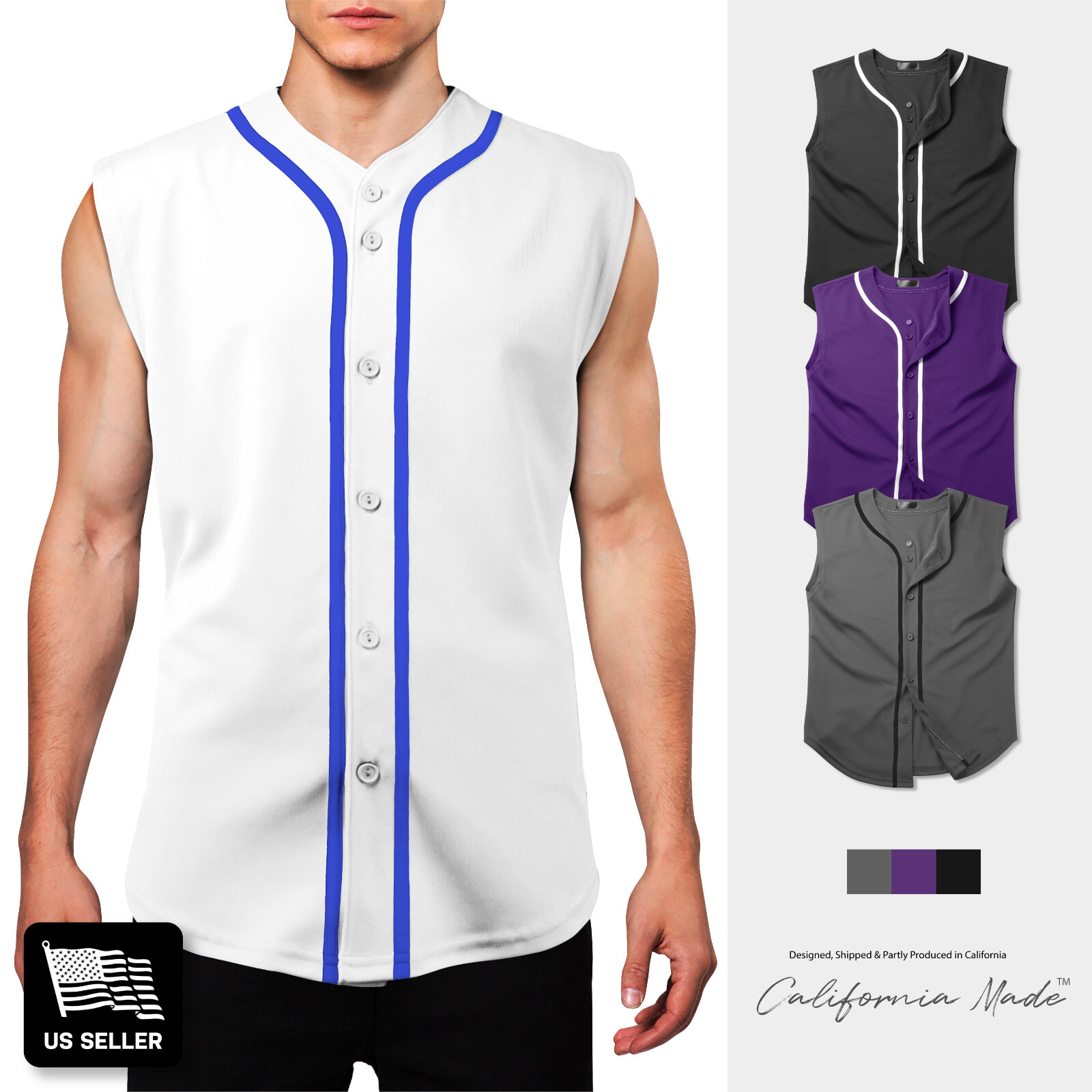 Mens Baseball Jersey Sleeveless T Shirt Team Uniform Solid Hipster Button Tee