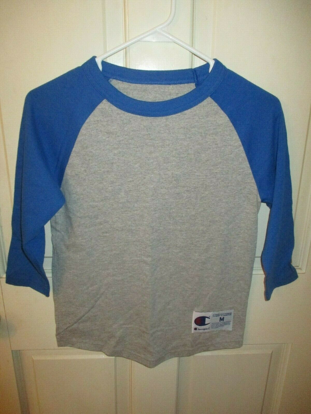 909B3 Champion T137 Authentic Apparel Baseball Tee Small MD Gray & Blue