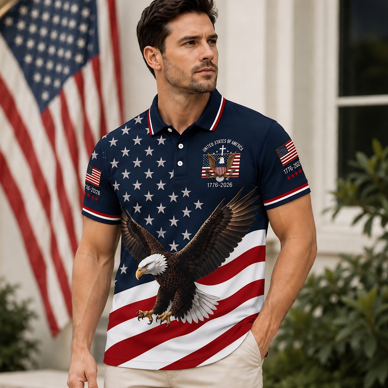 250 Years Bald Eagle US Flag Golf Polo, Patriotic 4th Of July Shirt (S-5XL) gallery