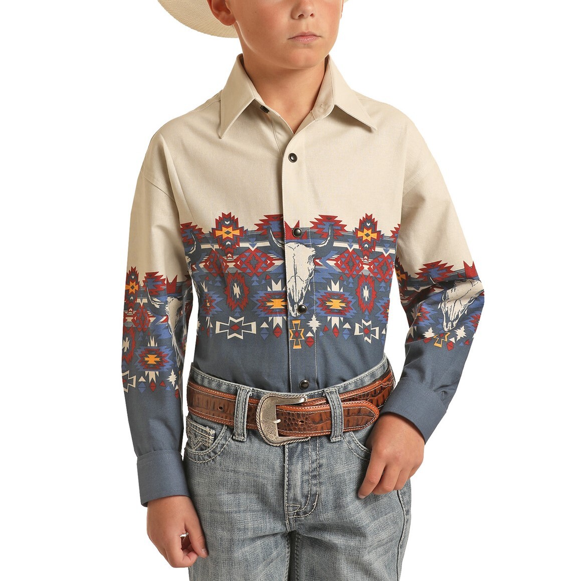 Panhandle® Boy’s Navy Aztec Border Print Snap Up Shirt C0S3013
