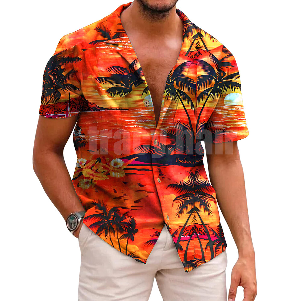 Hawaiian Shirt Mens Button Down Coconut Tree Print Beach Vacation Cruise Party @ gallery