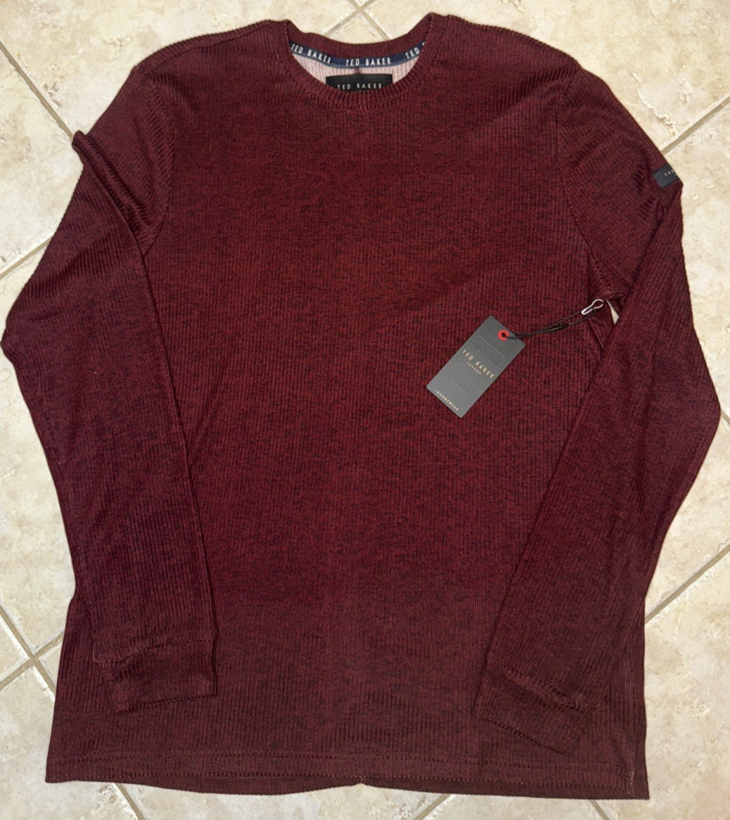 Ted Baker London L/S Rib Crew Loungewear Tee Shirt Mens XL Maroon Heather NWT