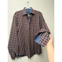 Bugatchi Plaid Button Front Long Sleeve Shirt Mens L Blue Brown