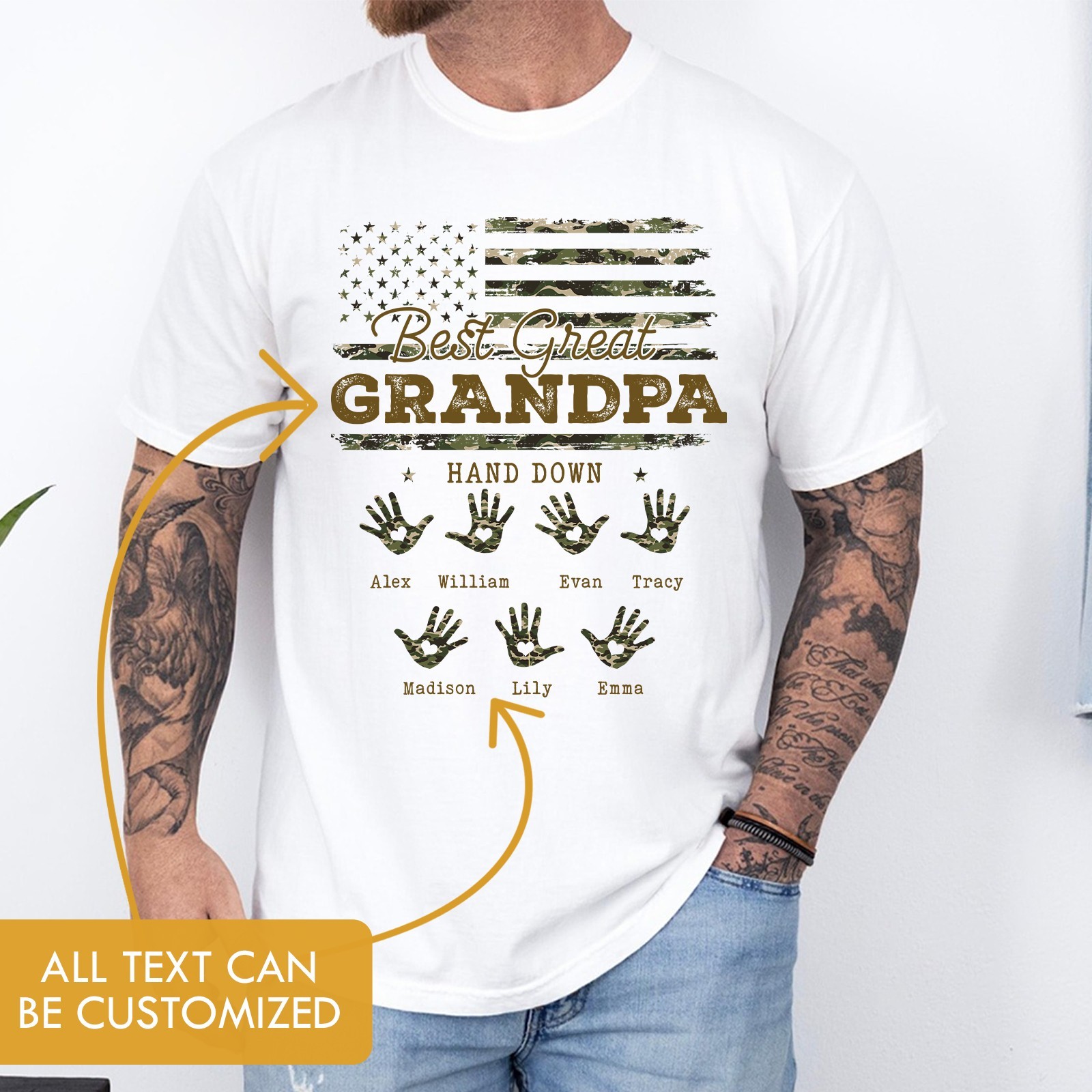 Personalized Best Grandpa Shirt Grandkids Name Handprint Military Fathers Gift gallery