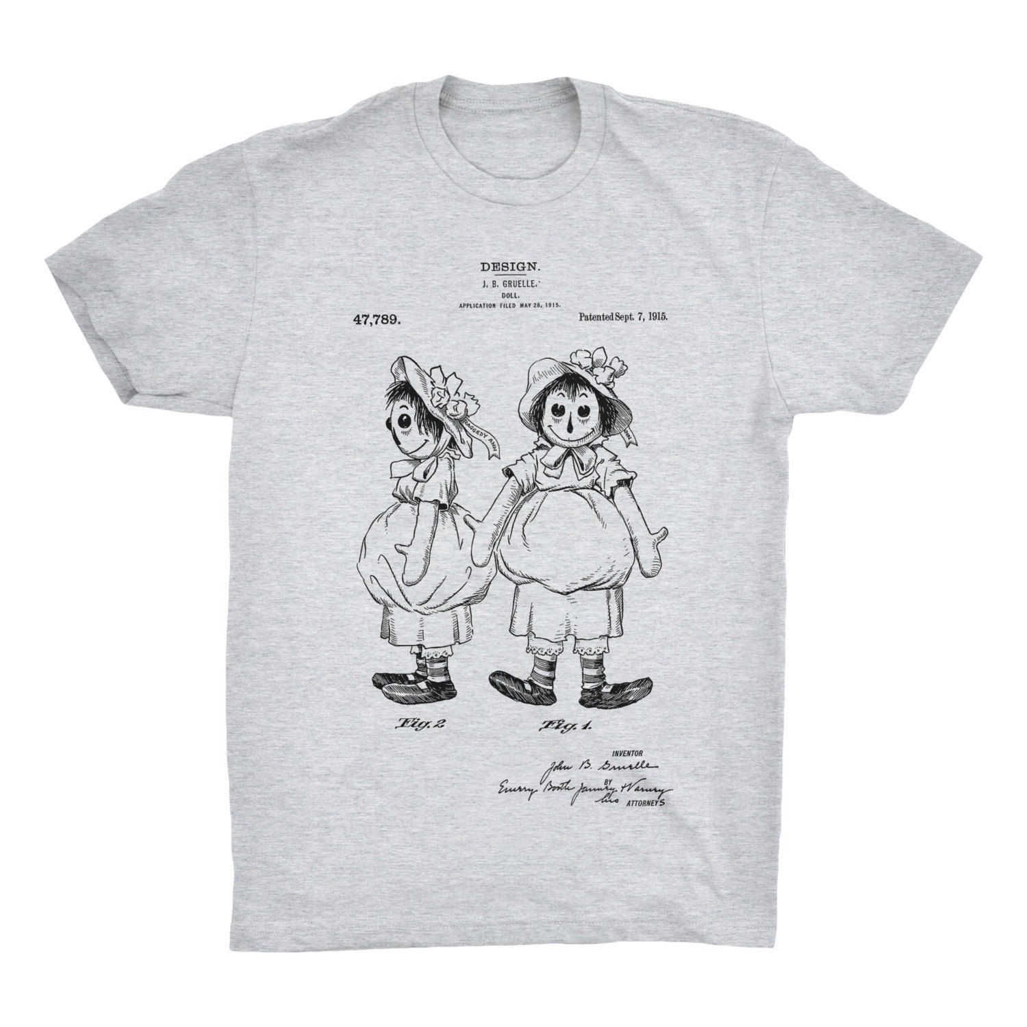 Raggedy Ann Patent T-Shirt. Rag Doll Premium Cotton Tee. Black White or Gray NEW