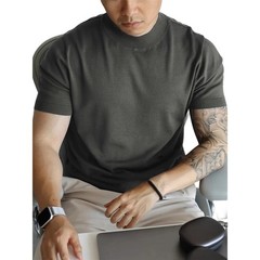 Mens Knitted Half-High Collar Short Sleeve T-Shirt Casual Slim Knit Pullover Top