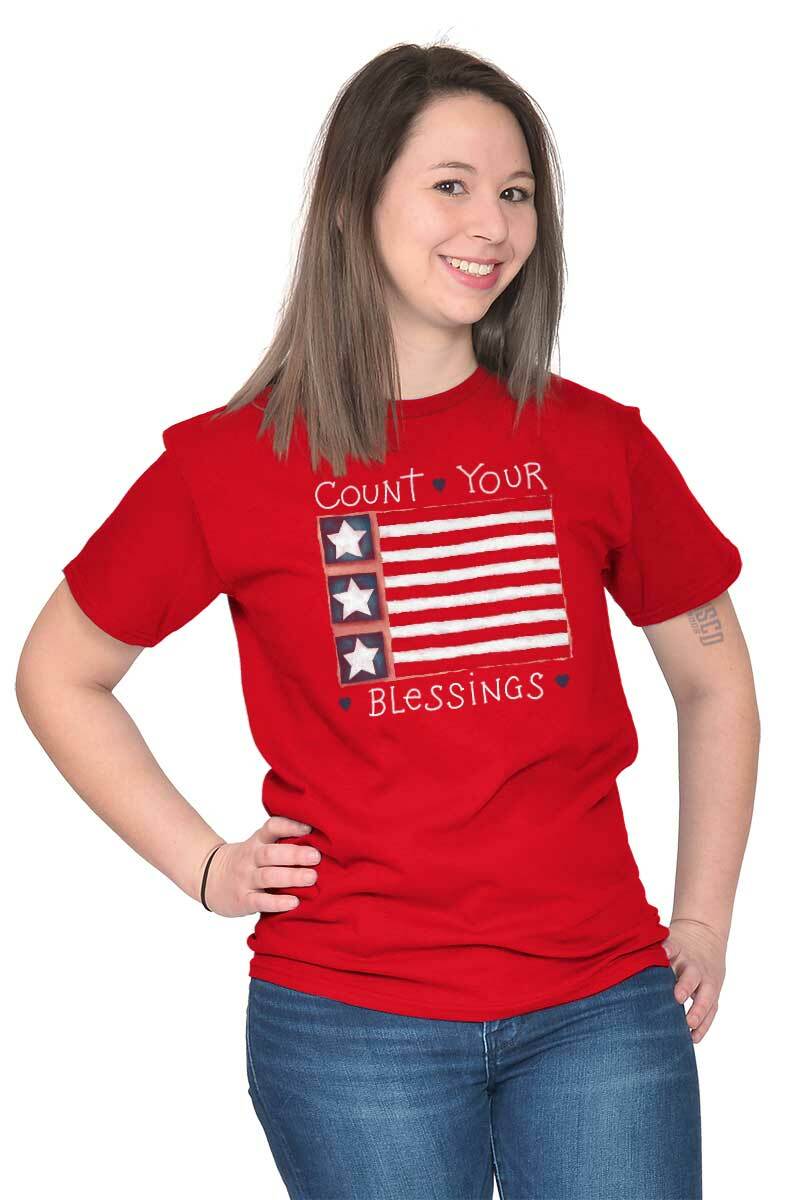 Count Your Blessings American Flag USA Christ Womens Short Sleeve Crewneck Tee gallery