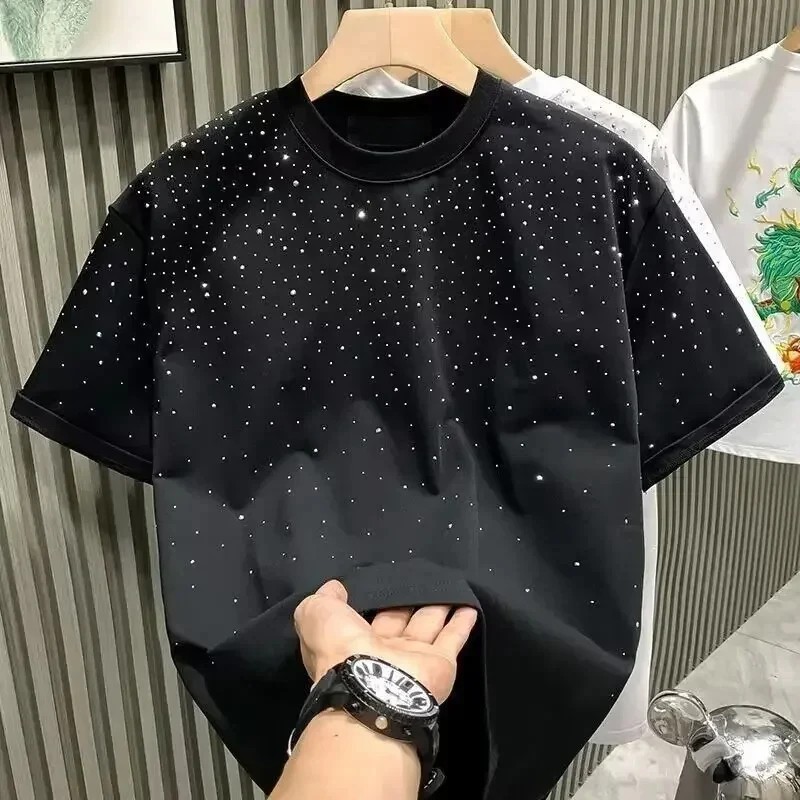 New Men Women Luxury Diamond Rhinestones Black White T-Shirt High Quality gallery
