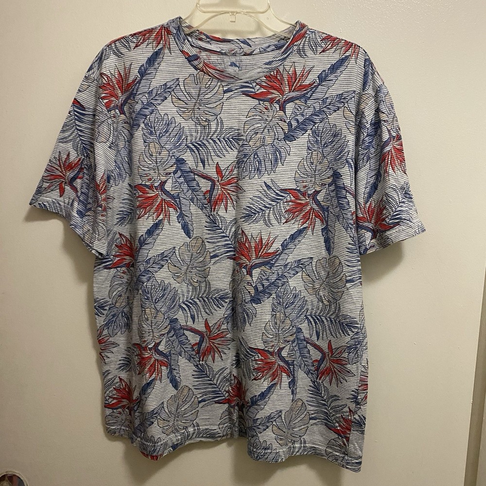 Tommy Bahama Mens Tee T Shirt L Large Blue & Red Hawaiian Leaves Palm Tropical