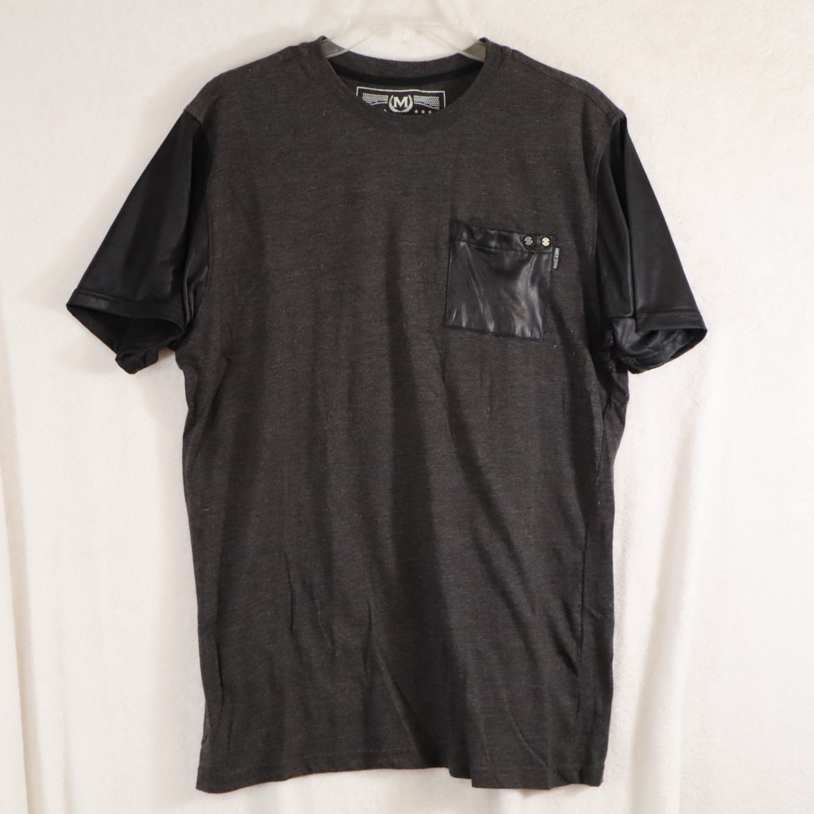 MOST OFCL SEVEN Men’s T‑Shirt Gray Faux Leather Short Sleeves Grunge Bike–Size L gallery