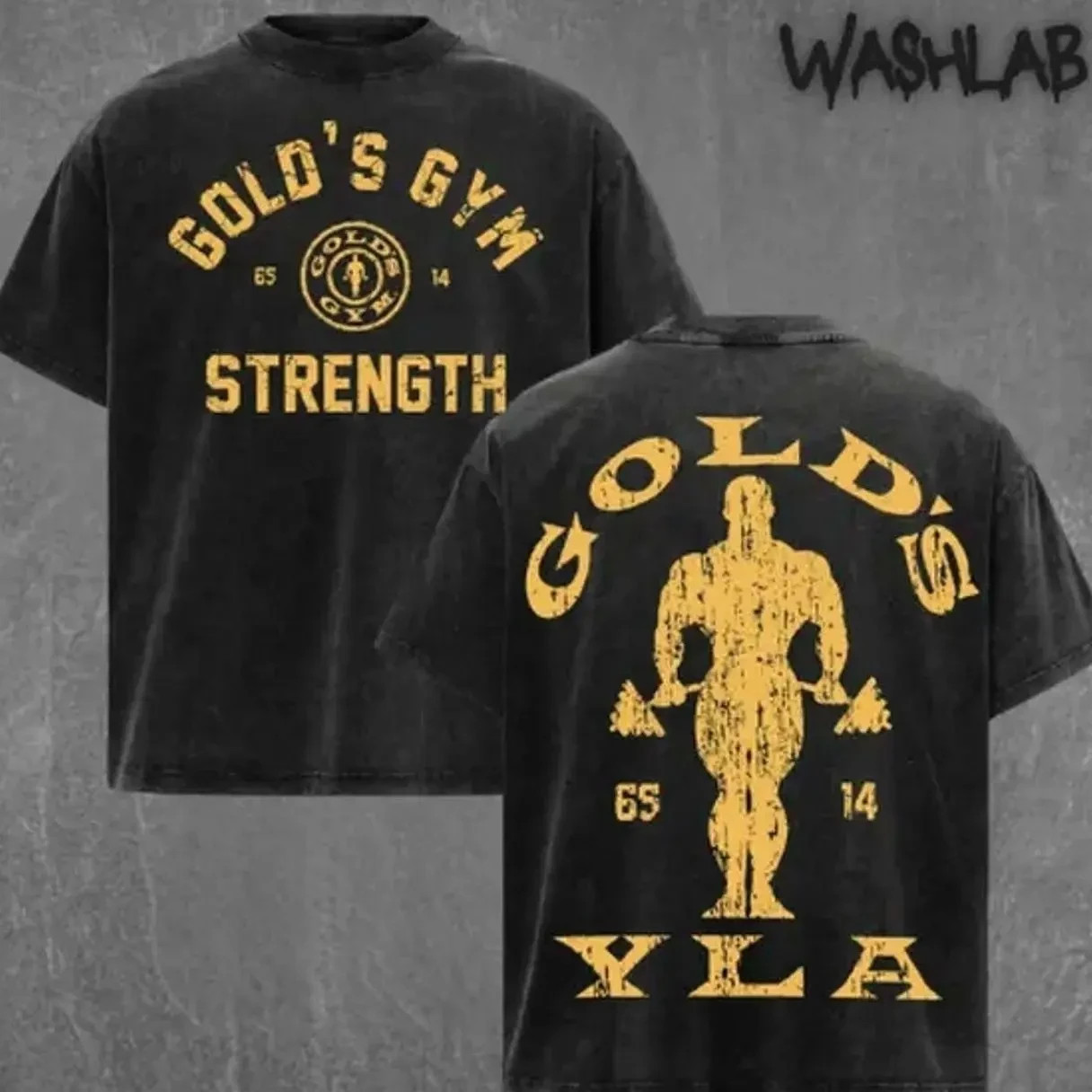 Vintage Gold Gym Pump Young LA Graphic Tee Washed – Double Sided Print gallery