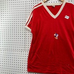 VTG 70s Bantam Shirt Red Single Stitch Coach’s Whistle Fit Large 21.5×29 EICH
