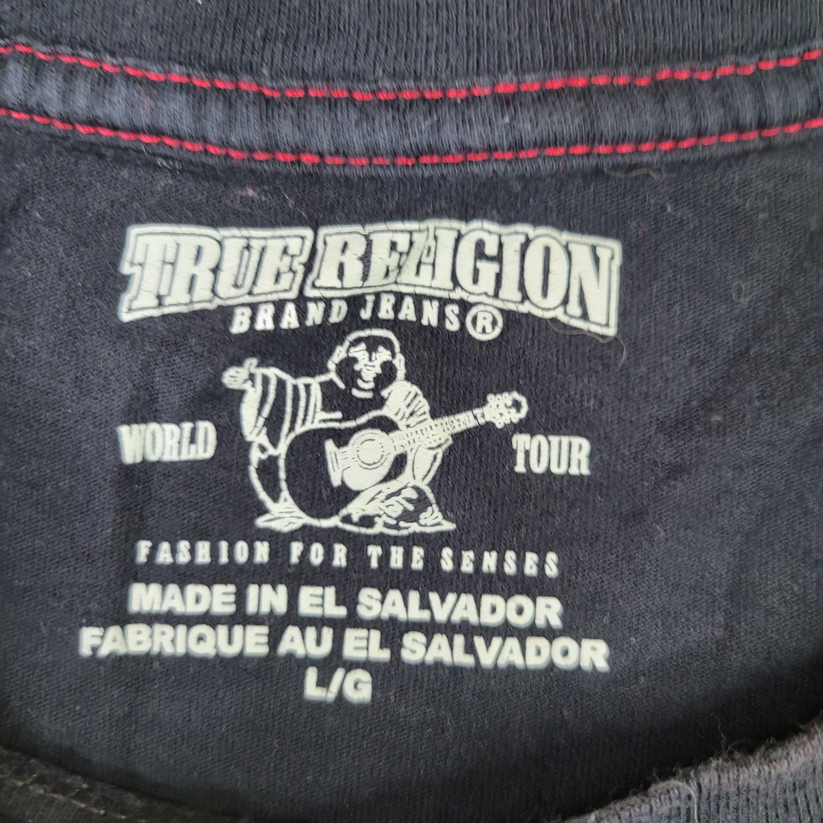 True Religion World Tour T Shirt Mens L Black Short Sleeve Blue Logo Spellout gallery