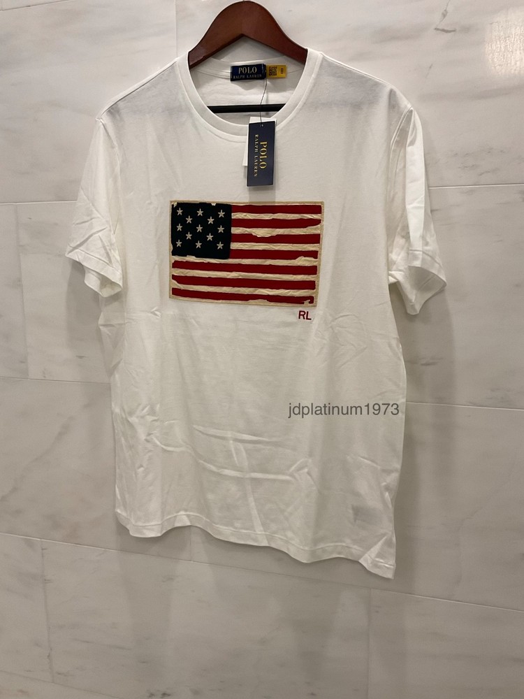 Polo Ralph Lauren White Distressed AMERICAN FLAG Appliqué Short Sleeve T Shirt
