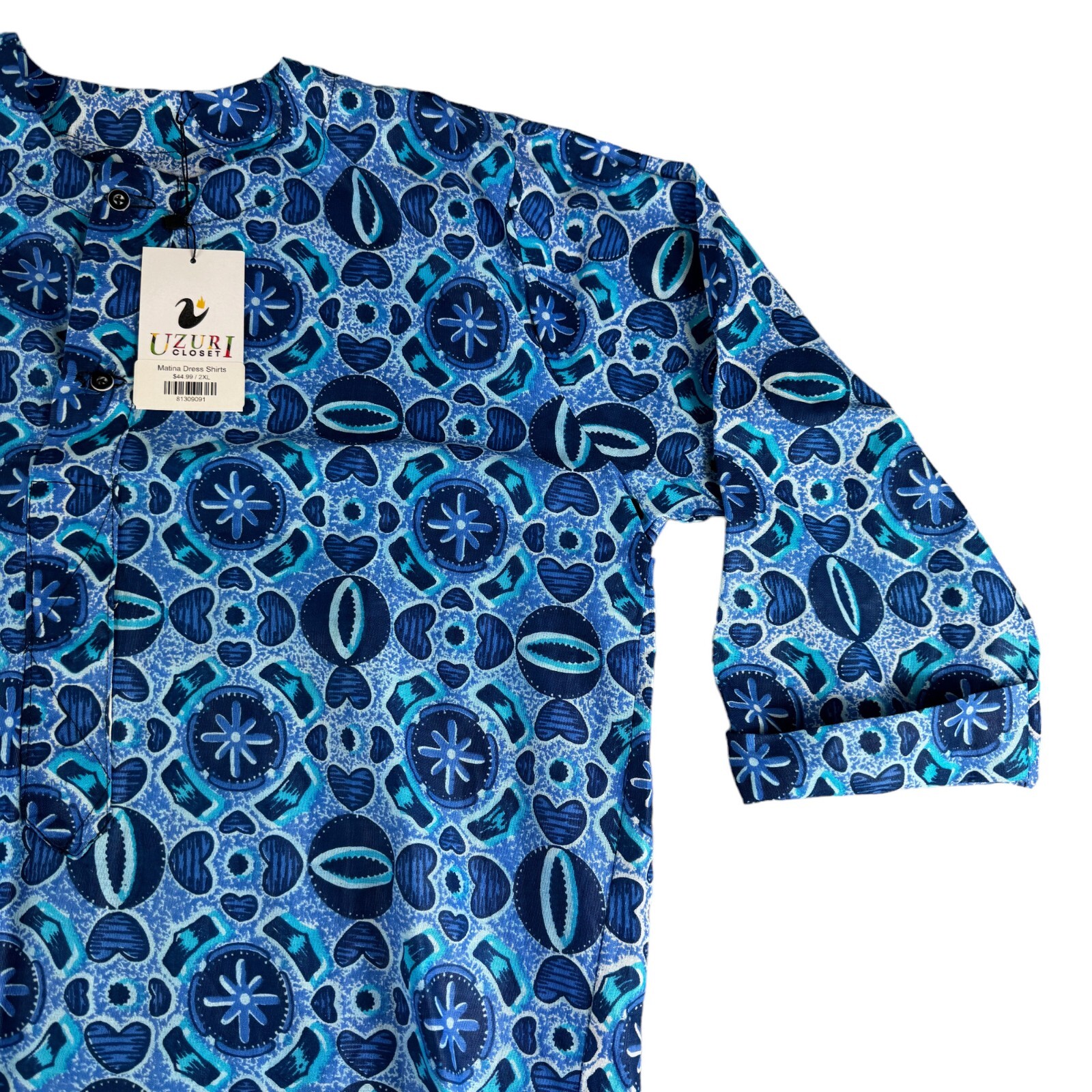 Uzuri Closet Dress Shirt Men's 2XL Blue Matina African 3/4 Sleeve Geometric NWT gallery