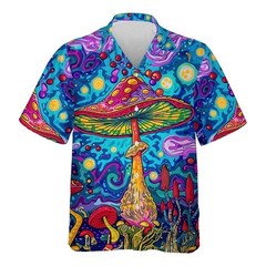 Mens Button Down Blue Psychedelic Mushroom Trippy Abstract Magic Fungus Festival