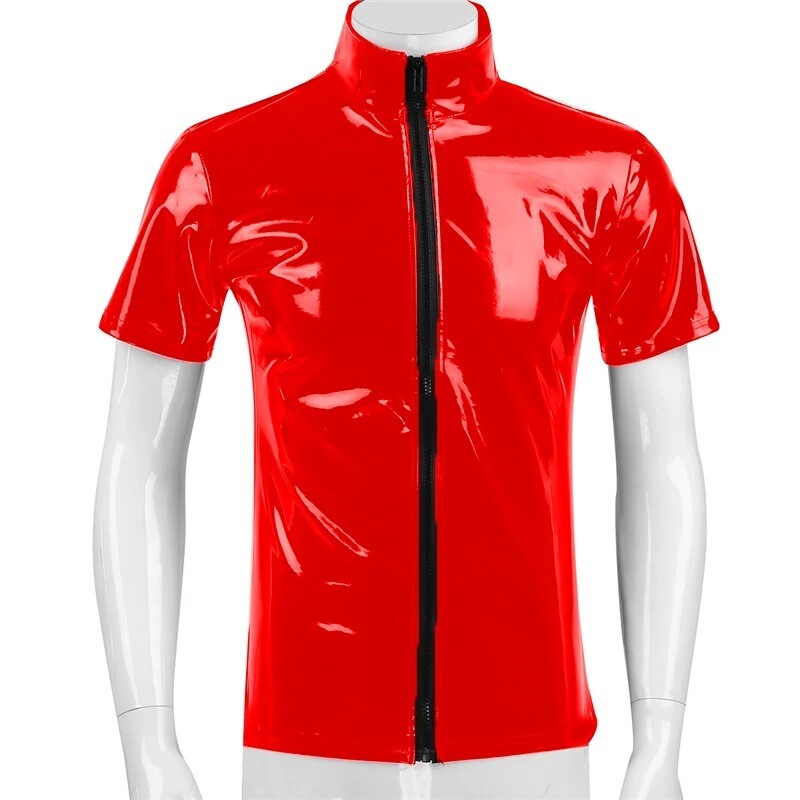 Men Short Sleeve Latex Leather T-Shirts Shiny PVC Wet Look Nightclub Zipper Tops gallery