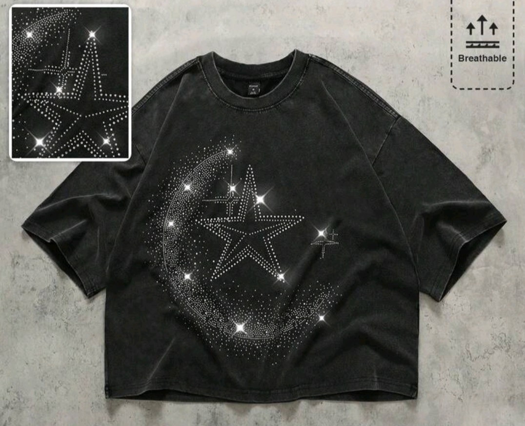 New Men Luxury Diamond Star Rhinestones Fashion Black T-Shirt High Quality