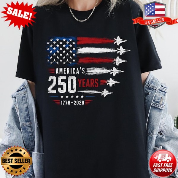 America 250 Years Patriotic Fighter Jet American Flag Vintage T-Shirt S-5XL