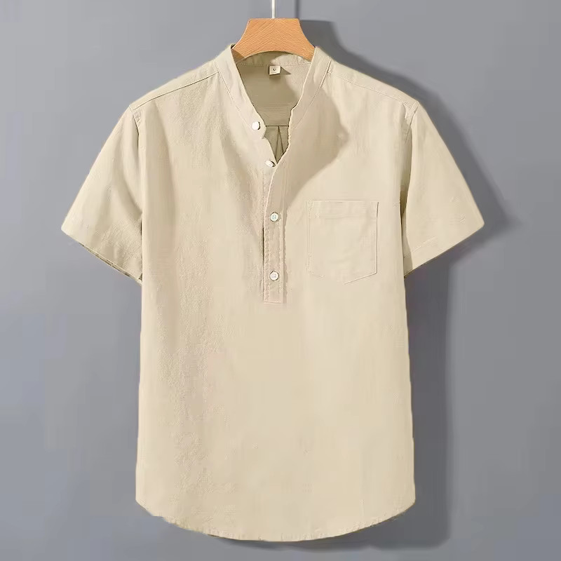 Men’s Breathable Cotton Stand Collar T-Shirt Summer Casual Pocket Top Tee Gift gallery