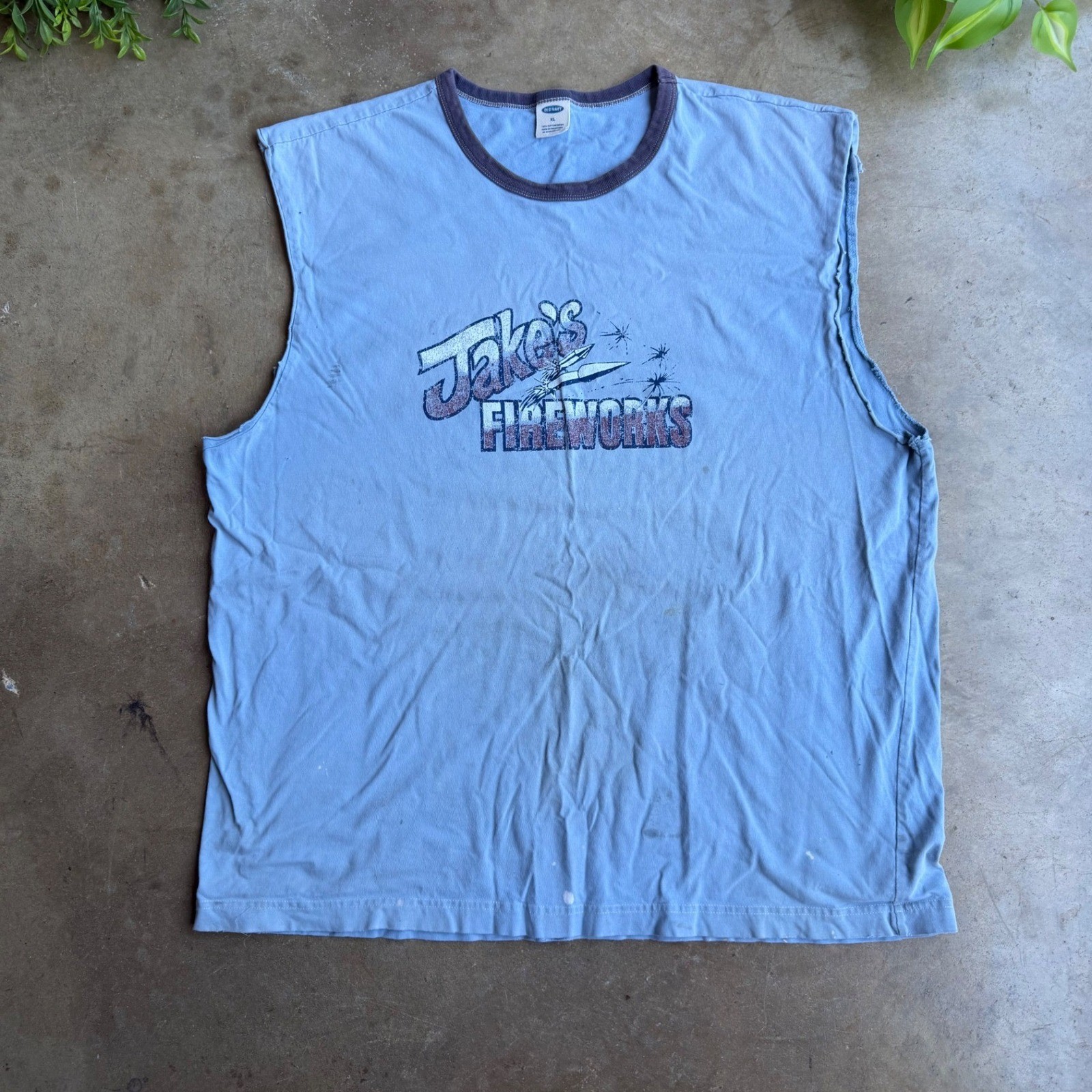 Old Navy Jakes Fireworks Vintage Y2K Ringer Tank Top Blue Distressed Mens XL
