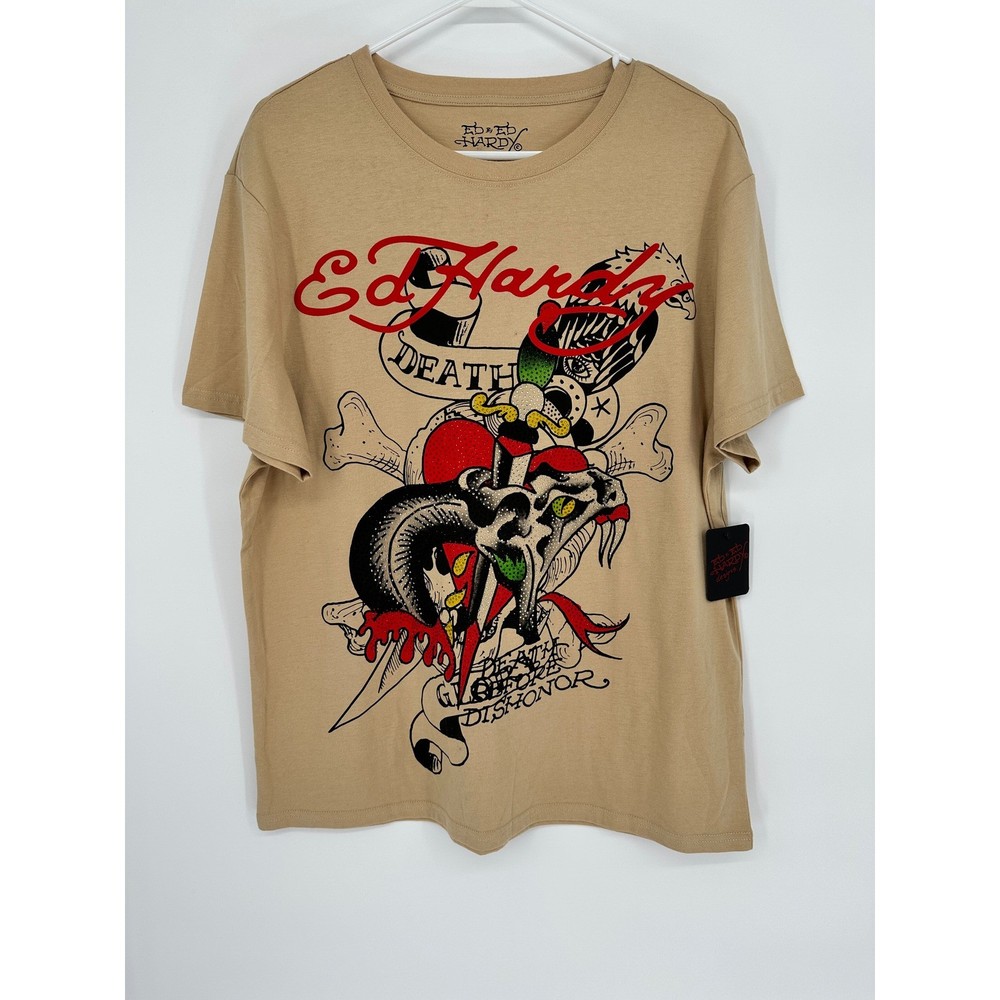 Ed Hardy Mens Khaki Death Before Dishonor Rhinestone Graphic T-ShirtL