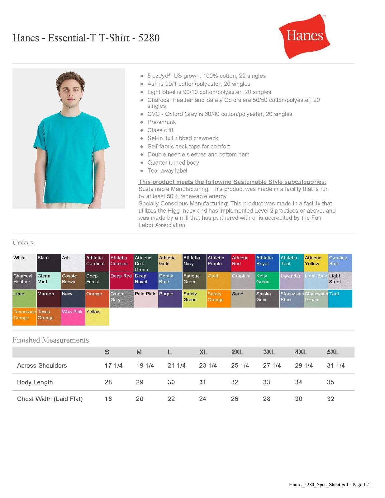 Hanes Essential-T 100% Cotton Crewneck T-Shirt Style 5280 Sizes S-5XL Unisex gallery