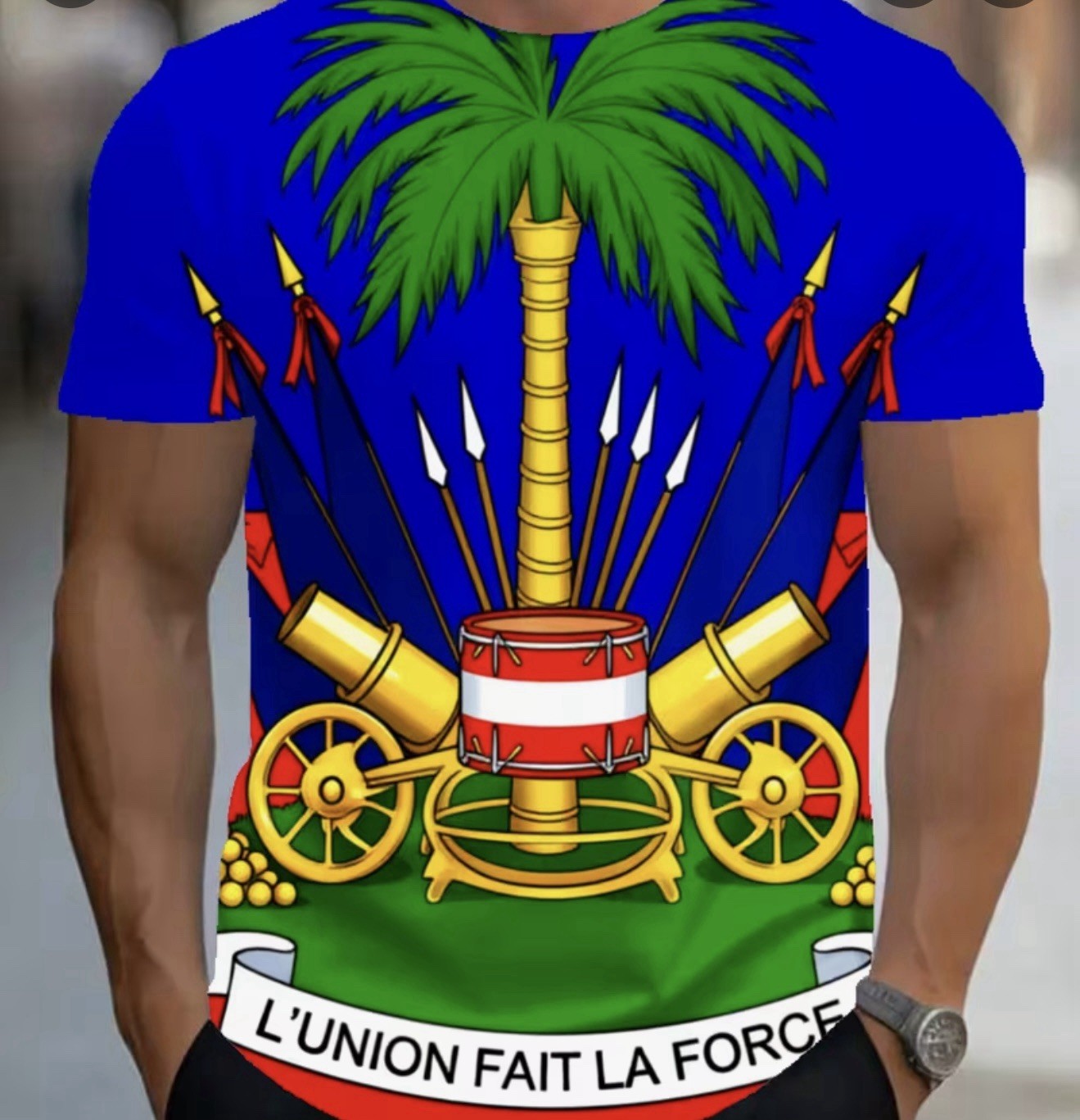 Men’s Graphic Flag T-Shirt Size M Regular Blue Green Short Sleeve Crew Neck